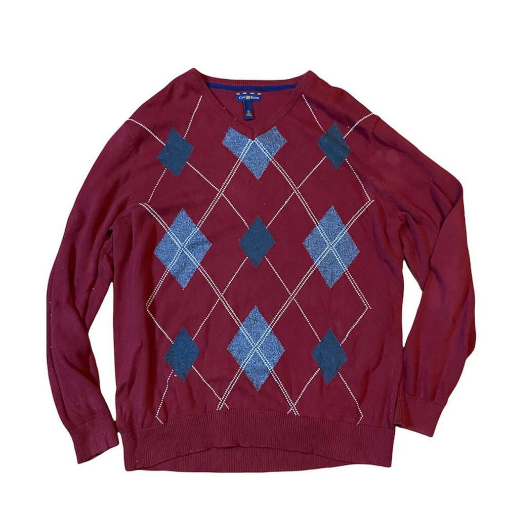 Club room argyle V Neck Sweater Mens Size XL Red maroon Gray White Academia